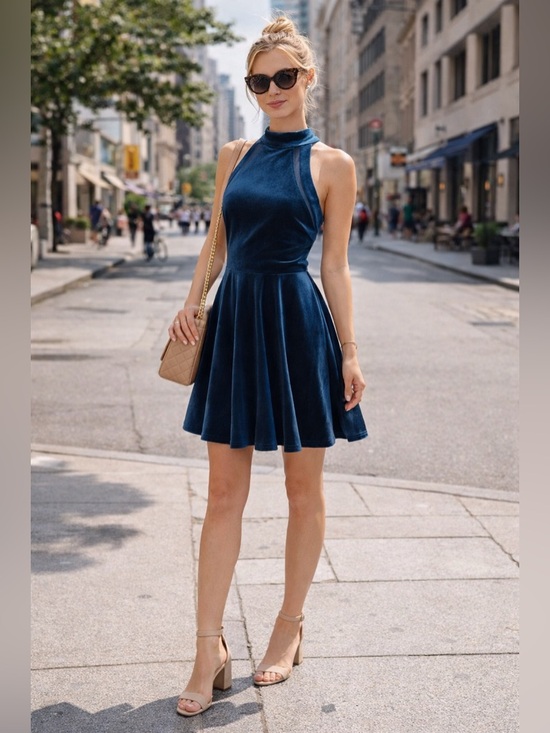 silence + noise Dresses & Skirts - Silence + Noise Teal Velvet Halter Skater Dress XS Open Back